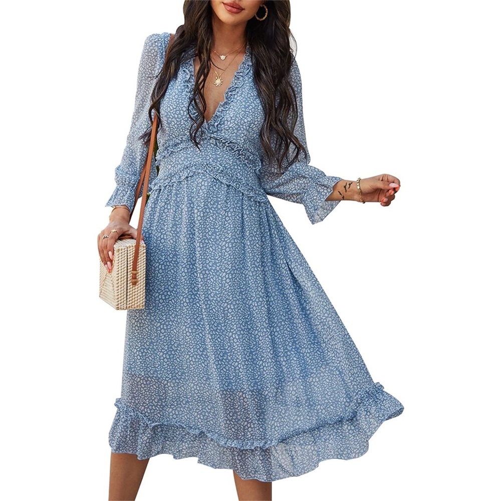 Blue V-neck Ruffle long sleeve midi dress NWOT
